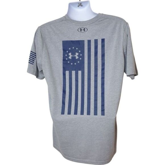 Under Armour Freedom Flag T-Shirt LG Gray Blue Heatgear Sporty Patriotic Logo - Picture 5 of 8